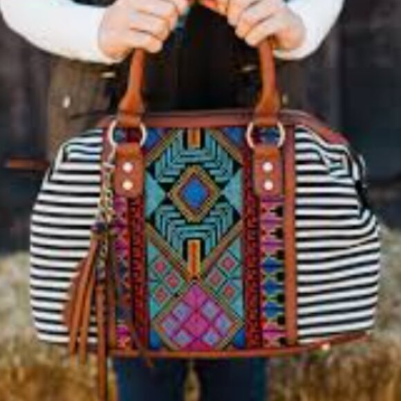 MMS Design Studio Aztec canvas and vegan leather Satchel with stripes - Picture 4 of 4